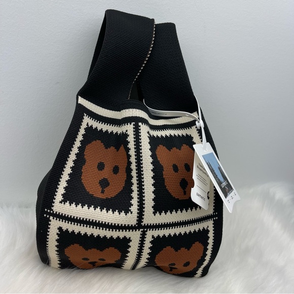 NWT Black/White Brown Bear Compact Stylish Essentials Handheld Bag - Picture 6 of 8